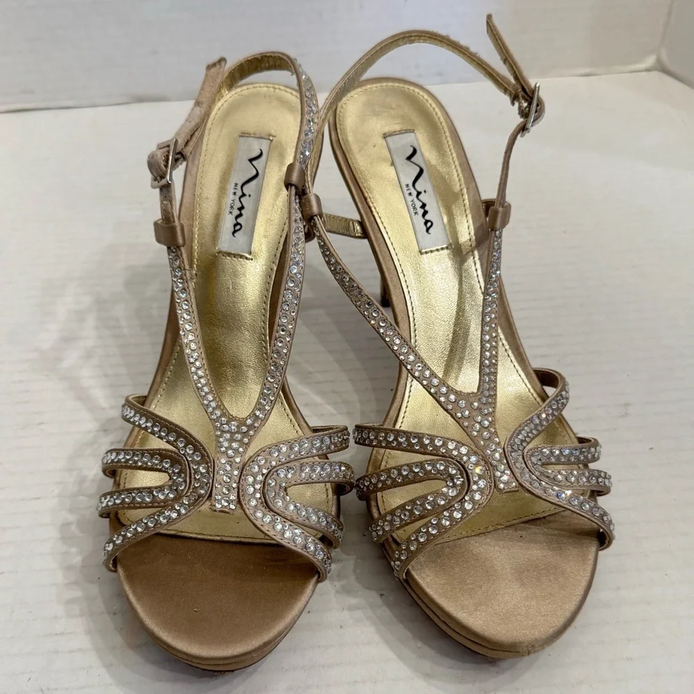 Nina Gold Rhinestone Strappy Heels Sz 7.5 Party Shoes Wedding Formal Cocktail